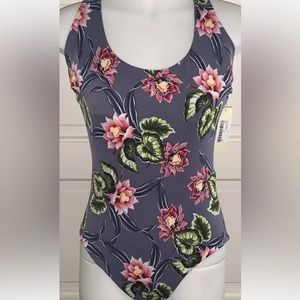 Tori Praver Sterling Blue Floral Print One-Piece Swimsuit Cross Back LARGE *NWT*